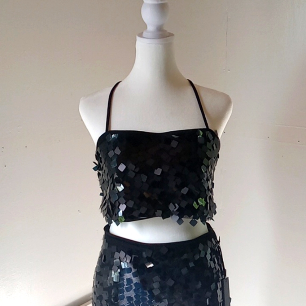 House of Harlow 1960 Women's Sequins Pencil Skirt Crop Top Set Black Size M